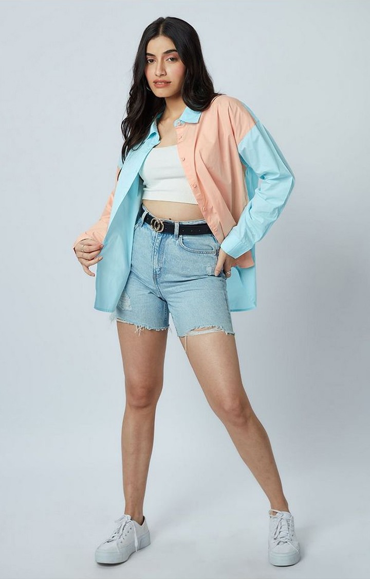 Women's Blue & Orange Colourblock Oversized Shirt