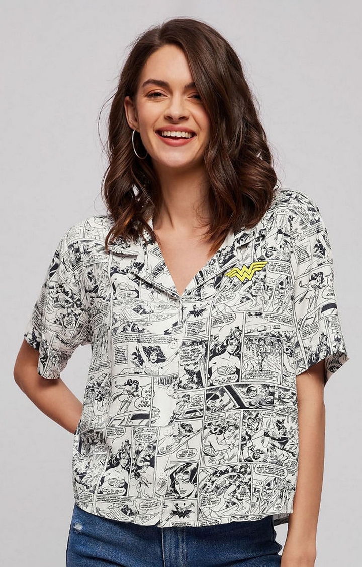 The Souled Store | Women's Wonder Woman: Holiday Off White Printed Casual Shirt
