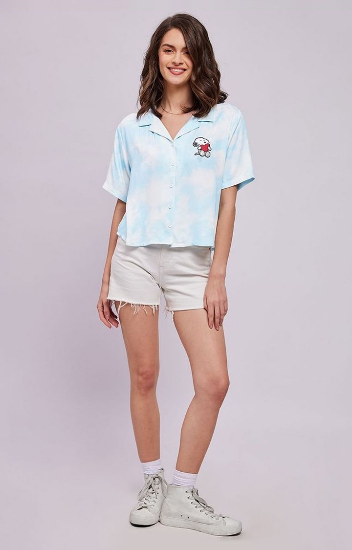Women's Peanuts: Go Hawai Blue Tie Dye Printed Casual Shirt
