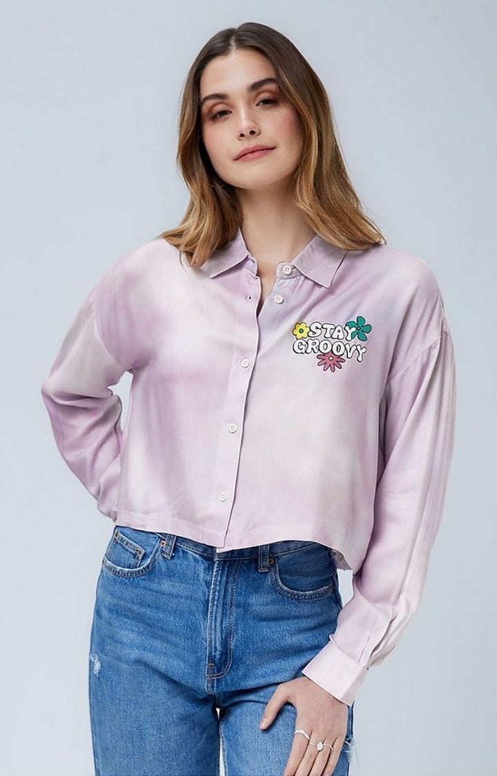 Women's Stay Groovy Purple Printed Crop Shirt