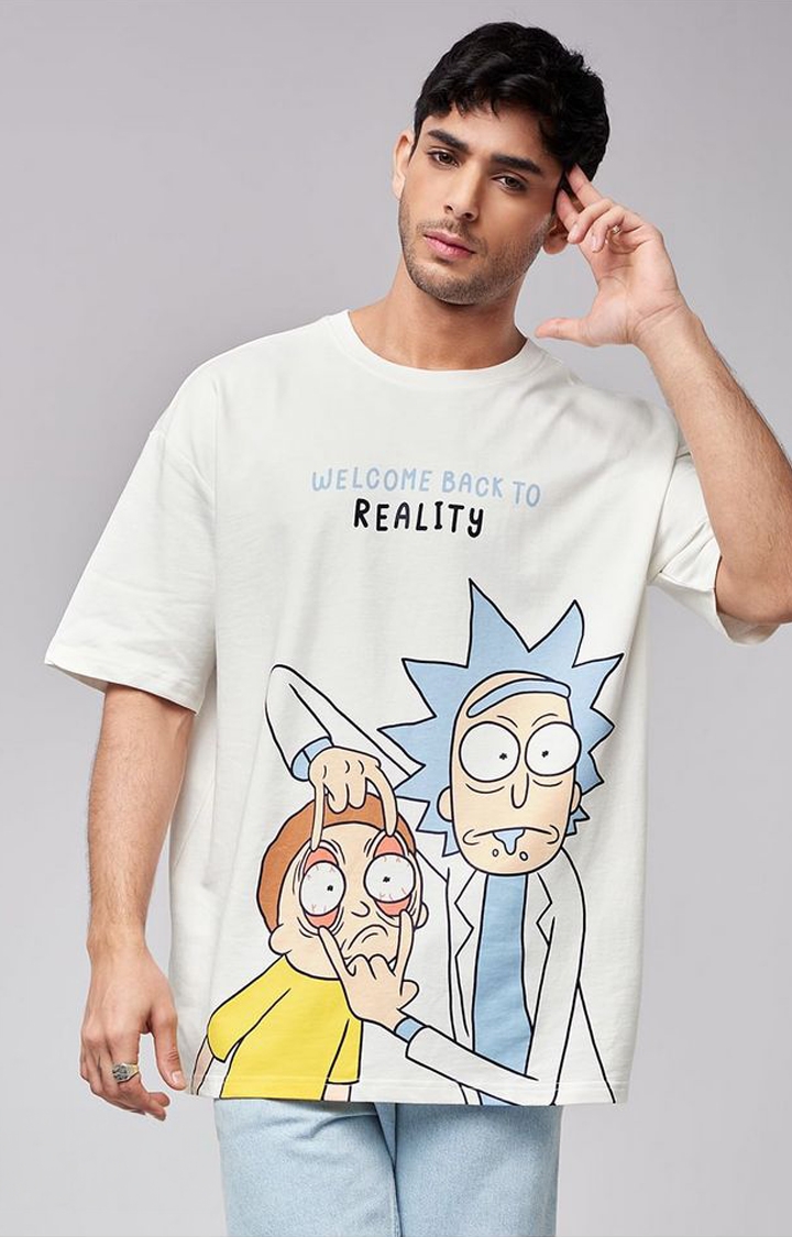 Men's Rick and Morty: Reality White Printed Oversized T-Shirt