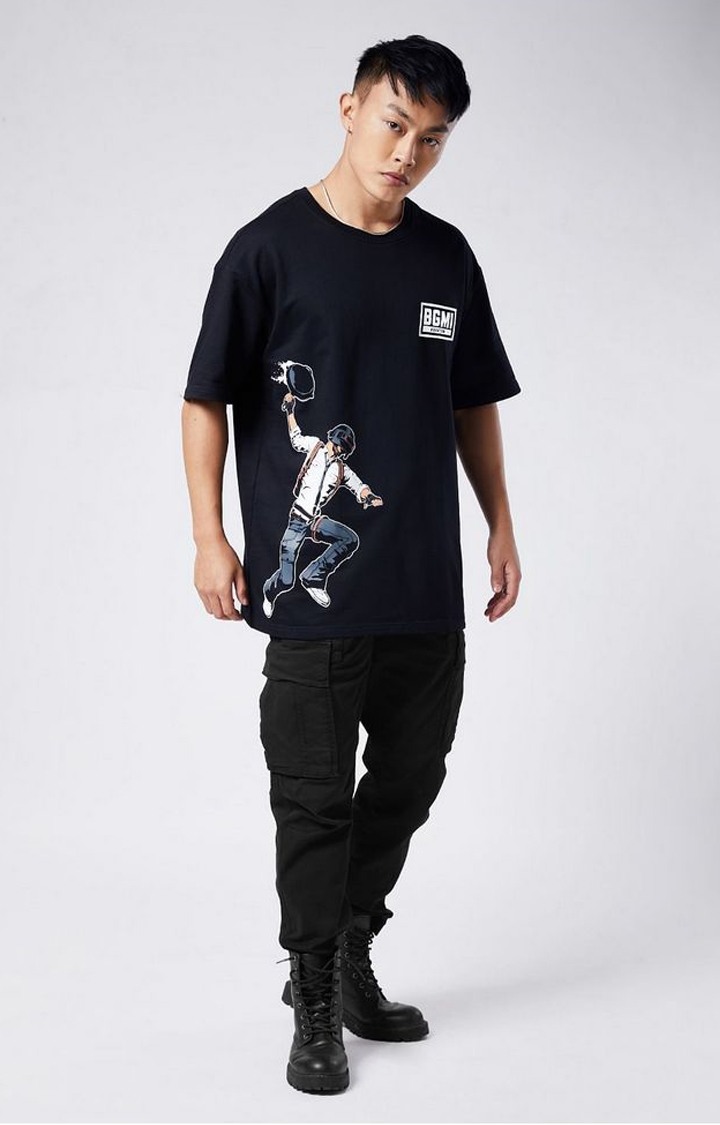 Men's BGMI: Pan Fight Black Printed Oversized T-Shirt