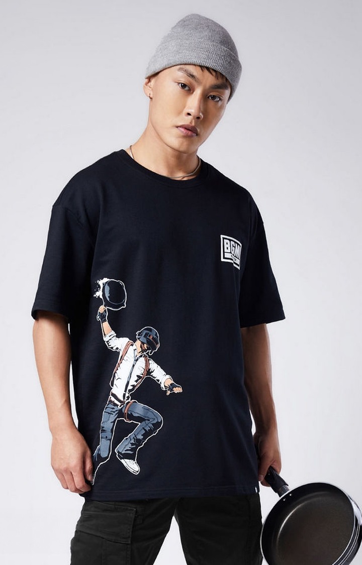 Men's BGMI: Pan Fight Black Printed Oversized T-Shirt