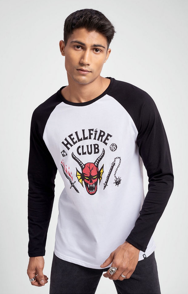 Men's Stranger Things: The Hellfire Club White & Black Printed Regular T-Shirt