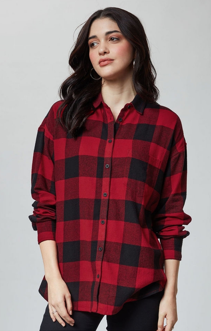 The Souled Store | Women's Red Checked Oversized Shirt