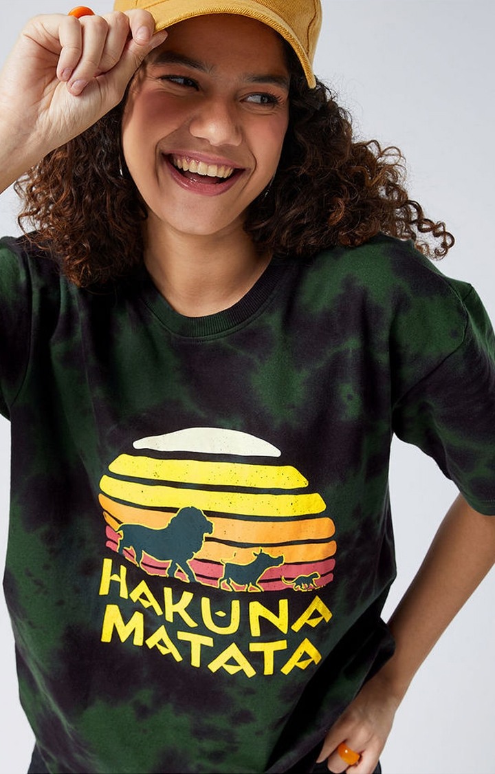 Women's The Lion King: Hakuna Matata Green Tie Dye Printed Oversized T-Shirt