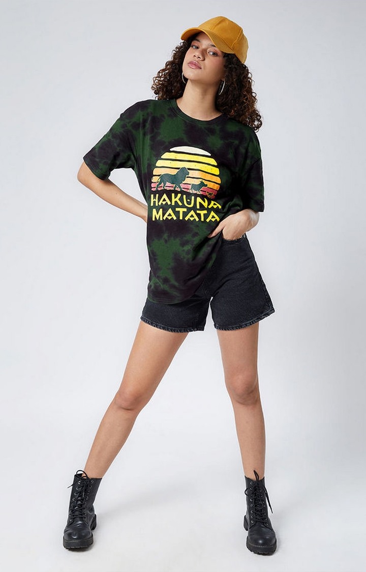 Women's The Lion King: Hakuna Matata Green Tie Dye Printed Oversized T-Shirt