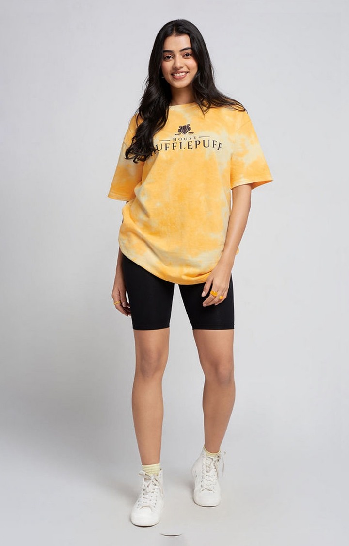 Women's Harry Potter: House Hufflepuff Yellow Tie Dye Printed Oversized T-Shirt