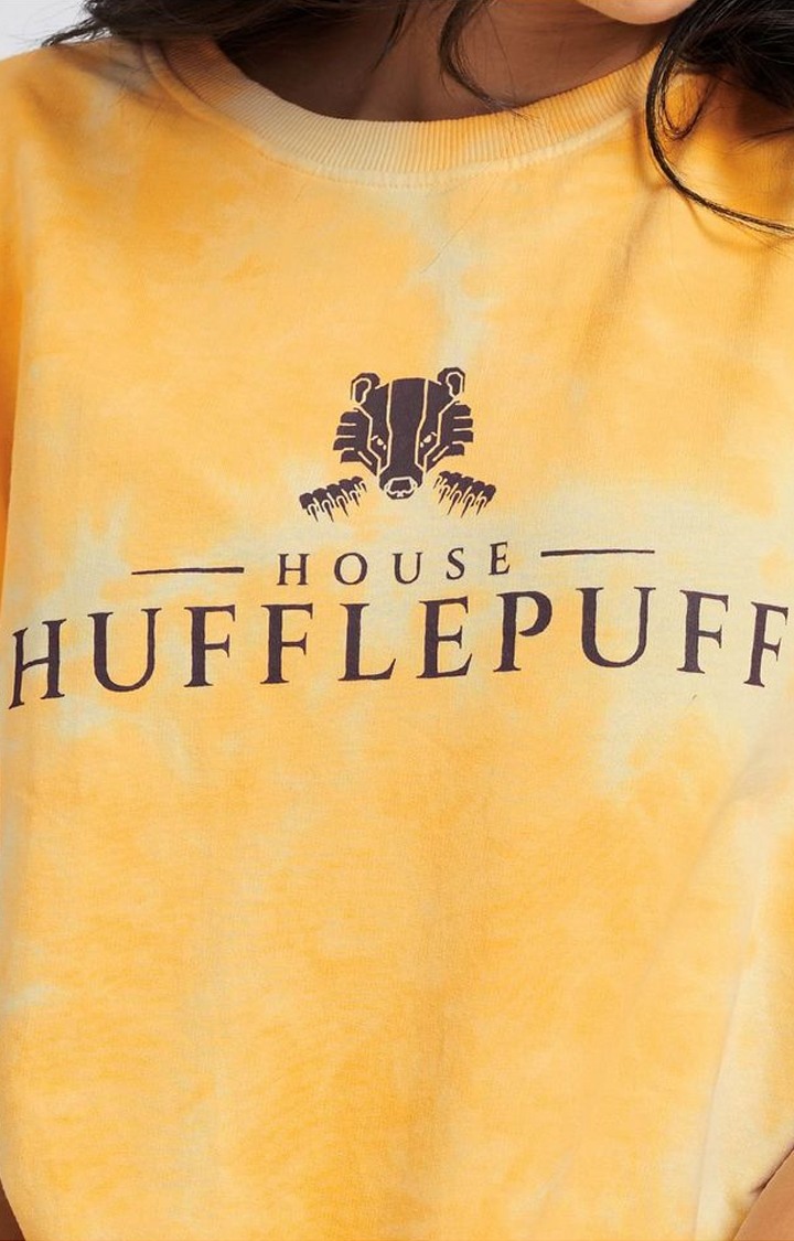 Women's Harry Potter: House Hufflepuff Yellow Tie Dye Printed Oversized T-Shirt