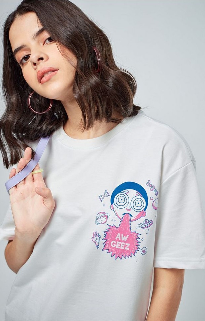 Women's Rick And Morty: Aw Geez White Printed Oversized T-Shirt