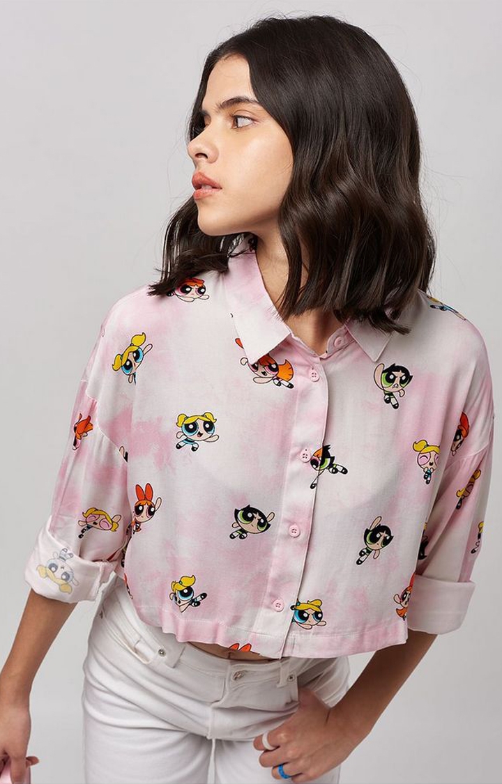 Women's Powerpuff Girls: The Gang Pink Printed Crop Shirt