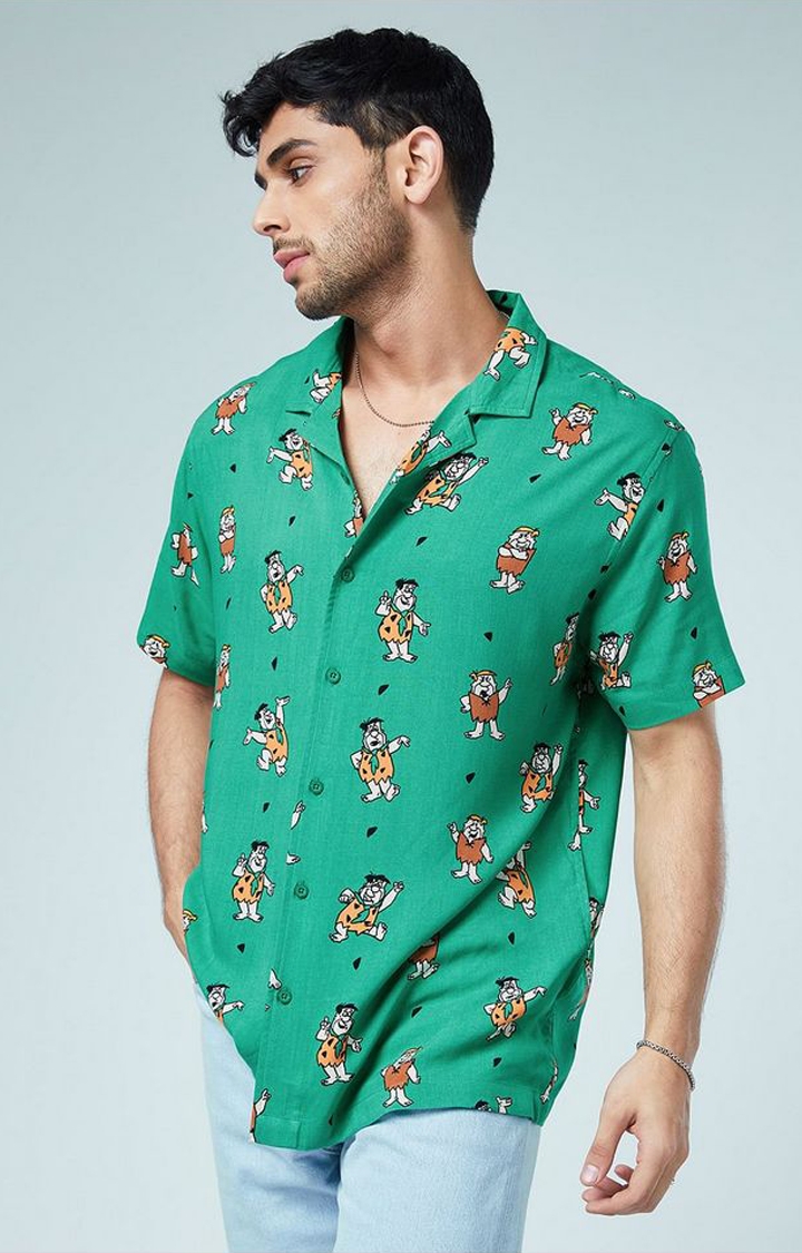Men's The Flintstones Green Printed Oversized Shirt