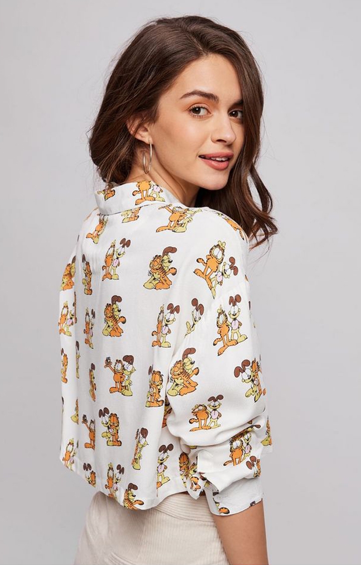 Women's Garfield: Lazy Patterns White Printed Crop Shirt