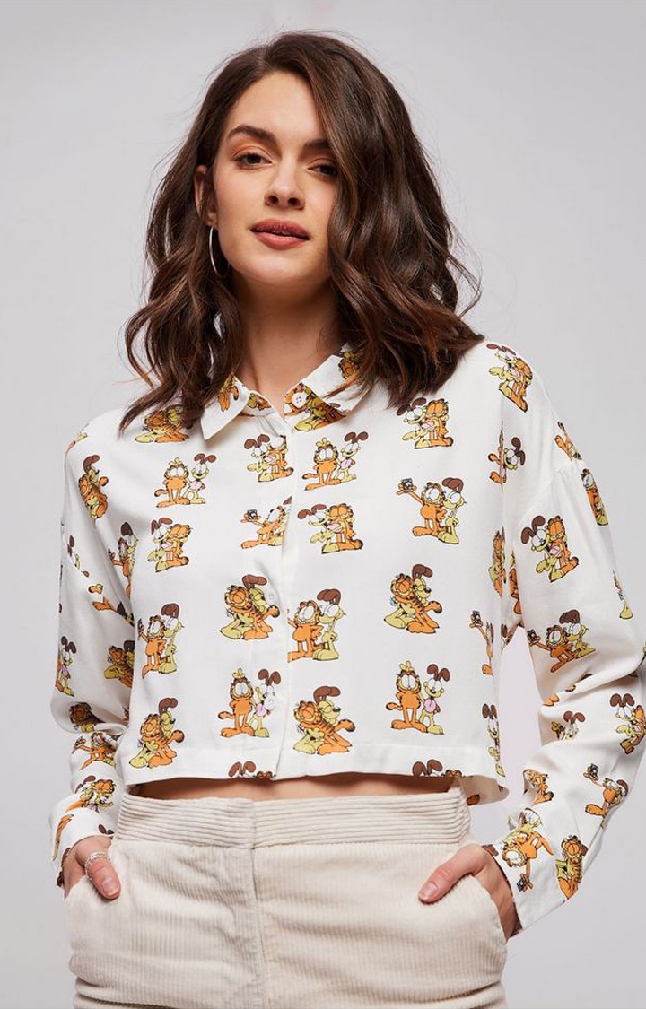 Women's Garfield: Lazy Patterns White Printed Crop Shirt