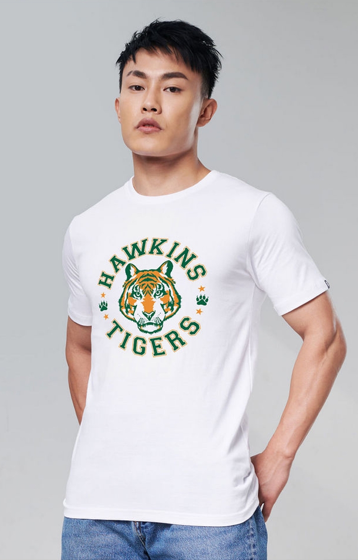 Men's Stranger Things: Hawkins Tigers White Printed Regular T-Shirt