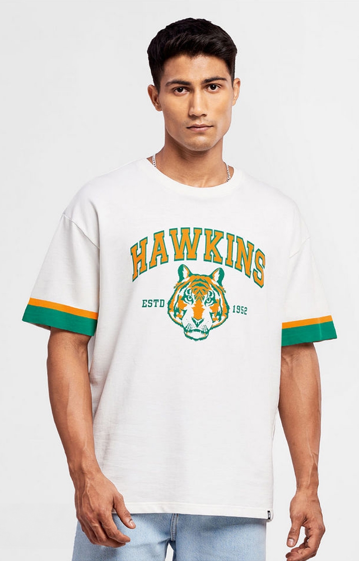 Men's Stranger Things: Go Hawkins White Printed Oversized T-Shirt
