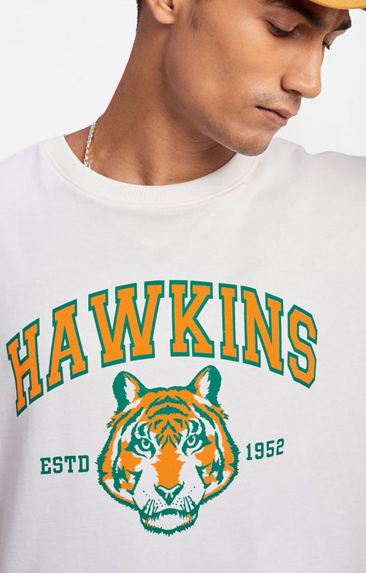 Men's Stranger Things: Go Hawkins White Printed Oversized T-Shirt