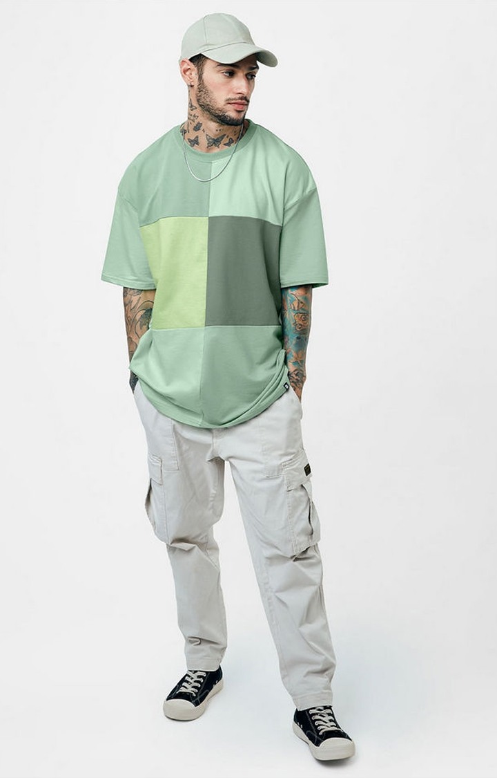 Men's Green Colourblock Oversized T-Shirt