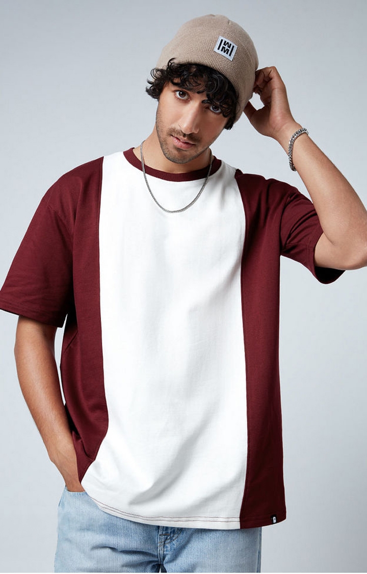 Men's Red & White Colourblock Oversized T-Shirt