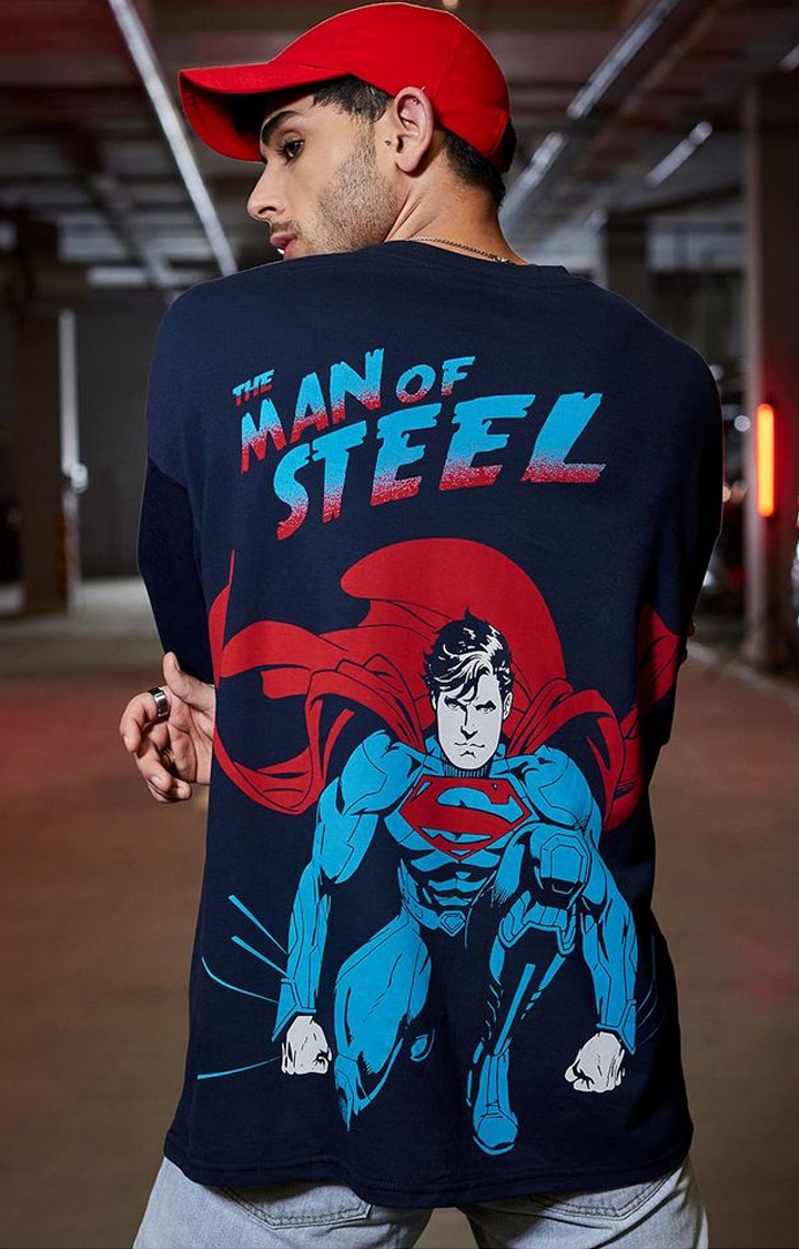 Men's Superman: Man of Steel Blue Printed Oversized T-Shirt