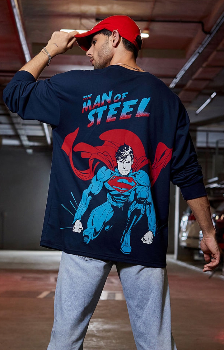 Men's Superman: Man of Steel Blue Printed Oversized T-Shirt
