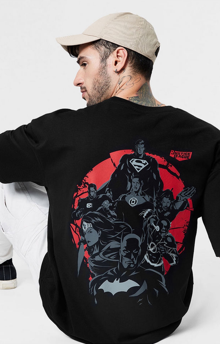 Men's Justice League: The Gang Black Printed Oversized T-Shirt