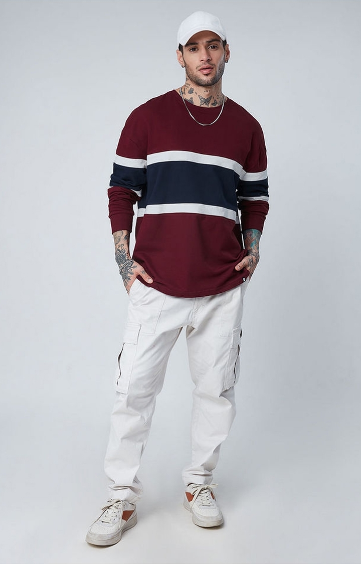 Men's Maroon & Blue Striped Oversized T-Shirt