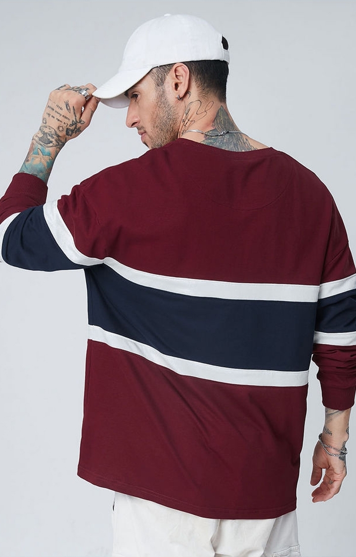Men's Maroon & Blue Striped Oversized T-Shirt