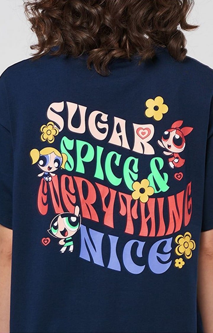 Women's Powerpuff Girls: Spice Navy Blue Typographic Printed Oversized T-Shirt