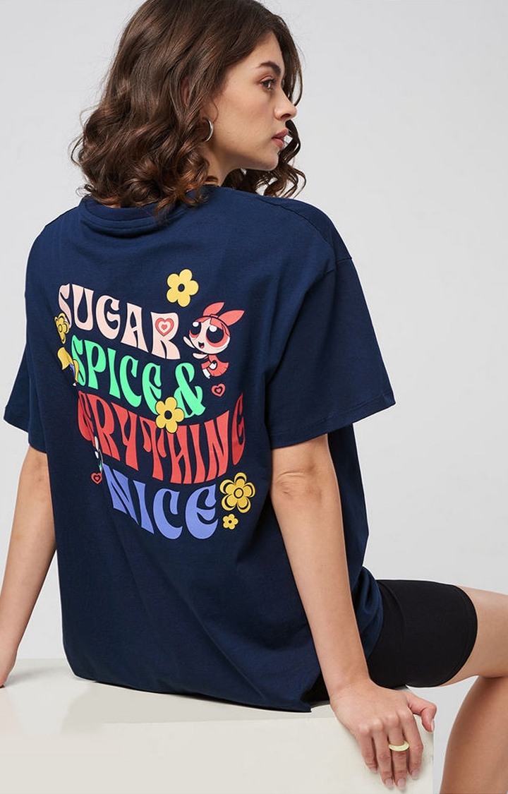 Women's Powerpuff Girls: Spice Navy Blue Typographic Printed Oversized T-Shirt