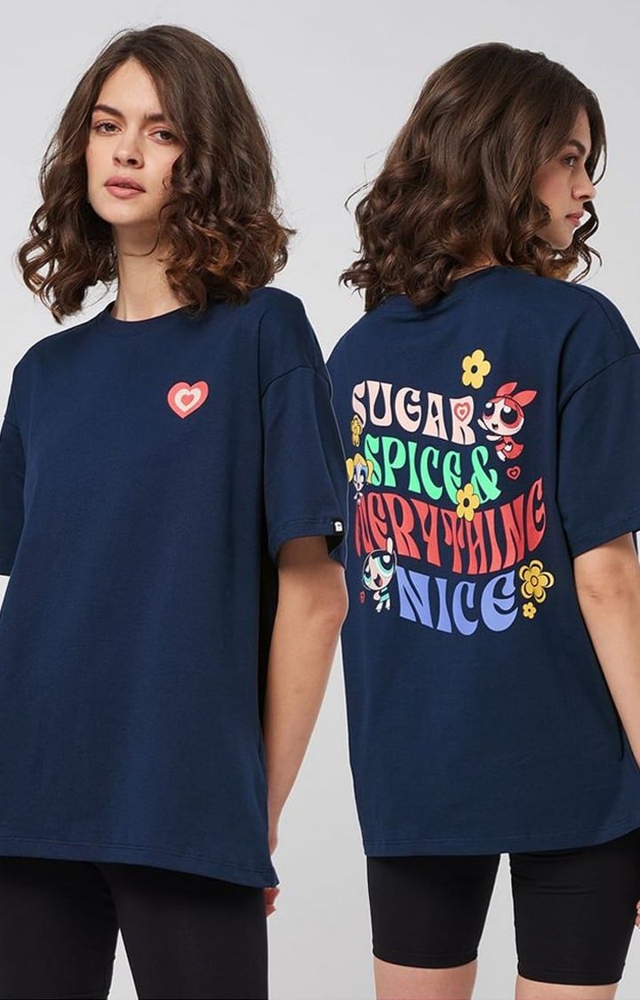 Women's Powerpuff Girls: Spice Navy Blue Typographic Printed Oversized T-Shirt