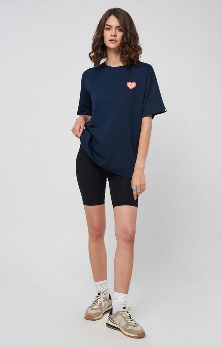 Women's Powerpuff Girls: Spice Navy Blue Typographic Printed Oversized T-Shirt
