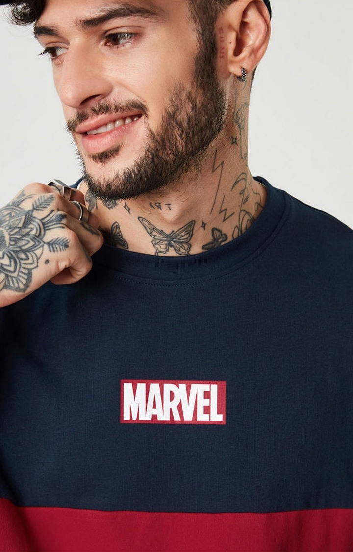 Men's Marvel: Avengers Assemble Blue Printed Oversized T-Shirt