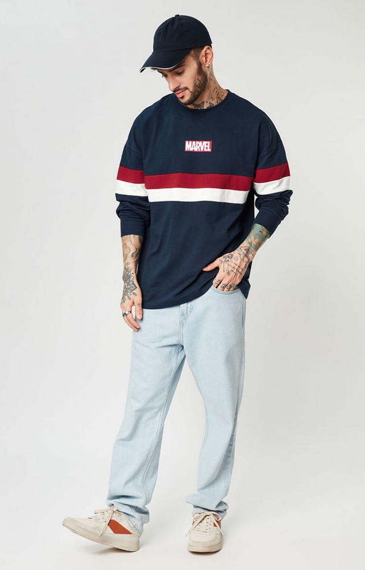 Men's Marvel: Avengers Assemble Blue Printed Oversized T-Shirt