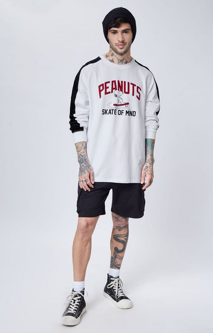Men's Peanuts: Skate Of Mind White Printed Oversized T-Shirt