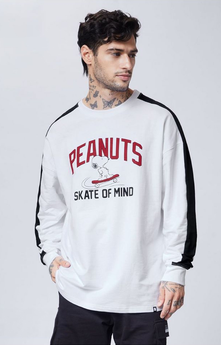 Men's Peanuts: Skate Of Mind White Printed Oversized T-Shirt