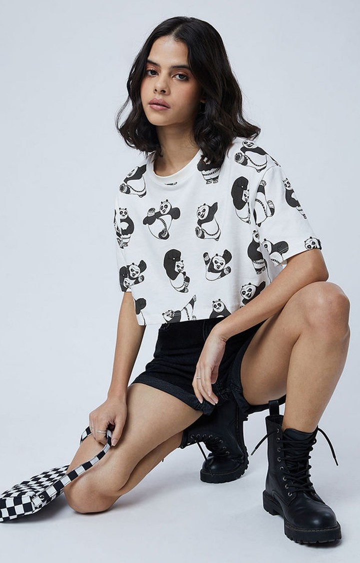 Women's Kung Fu Panda: Pattern White Printed Crop Top