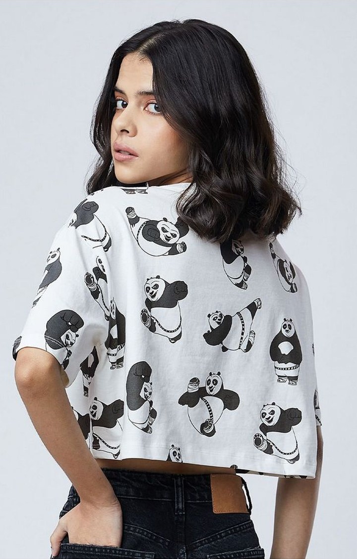 Women's Kung Fu Panda: Pattern White Printed Crop Top
