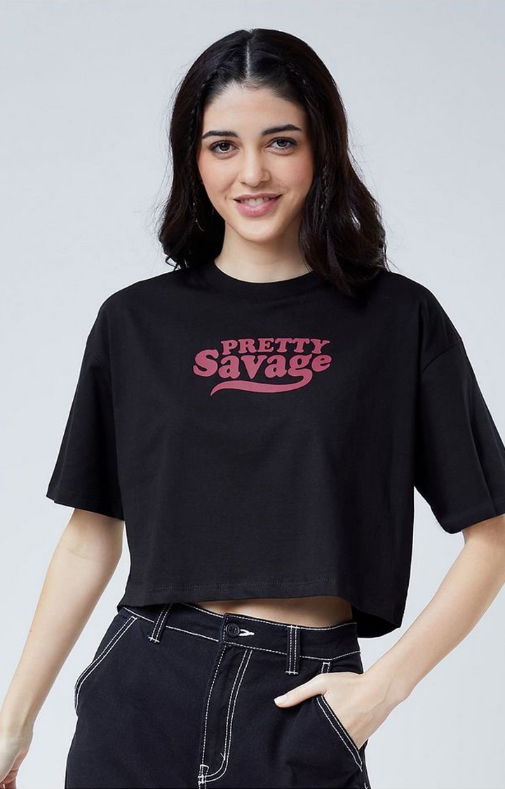 The Souled Store | Women's Pretty Savage Black Typographic Printed Crop Top