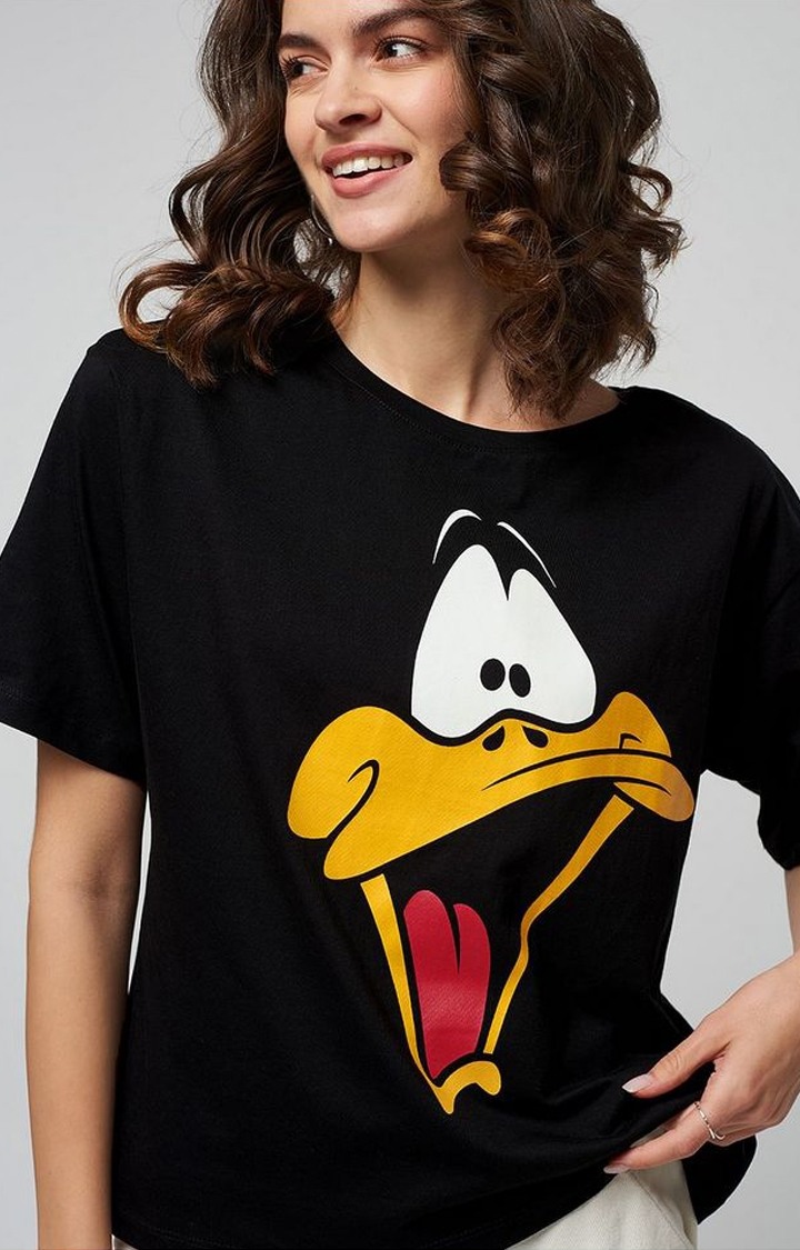 Women's Daffy Duck: What The Duck Black Printed Oversized T-Shirt