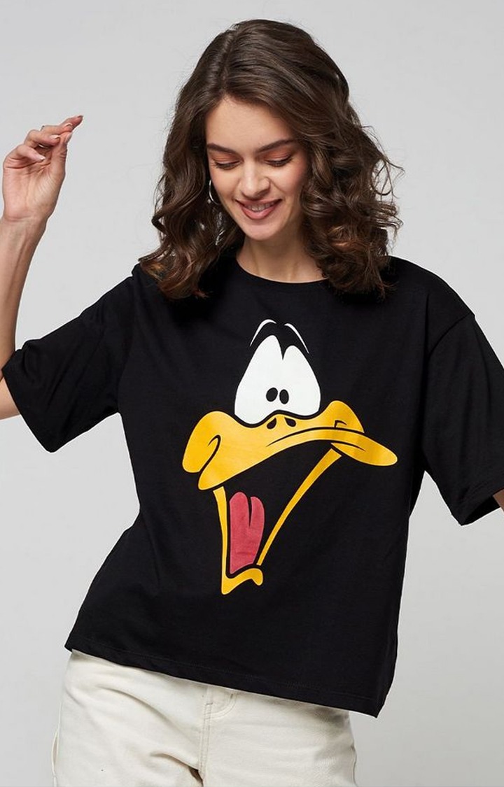 Women's Daffy Duck: What The Duck Black Printed Oversized T-Shirt