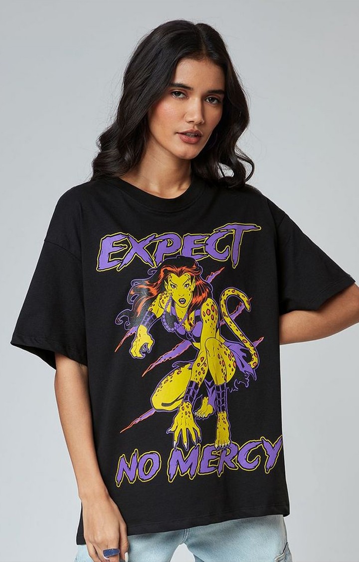 Women's Wonder Woman: Expect No Mercy Black Graphic Printed Oversized T-Shirt