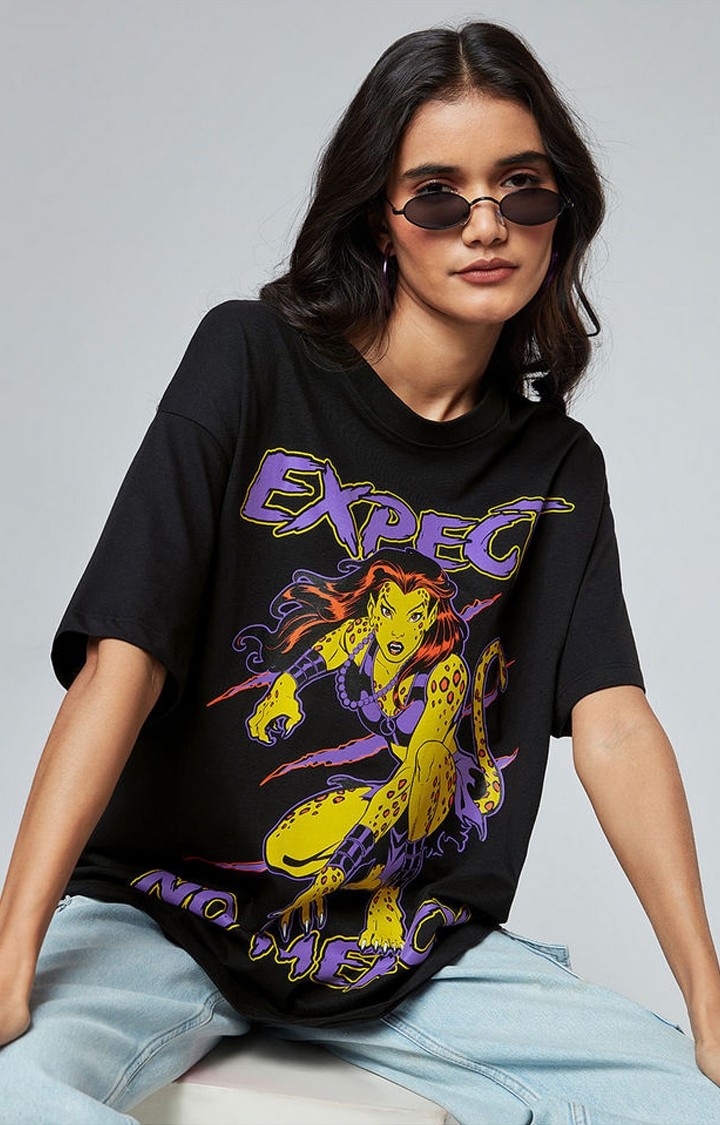 Women's Wonder Woman: Expect No Mercy Black Graphic Printed Oversized T-Shirt