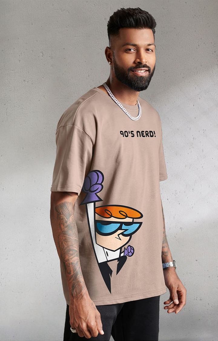 Men's Dexter: 90s Nerd Brown Printed Oversized T-Shirt