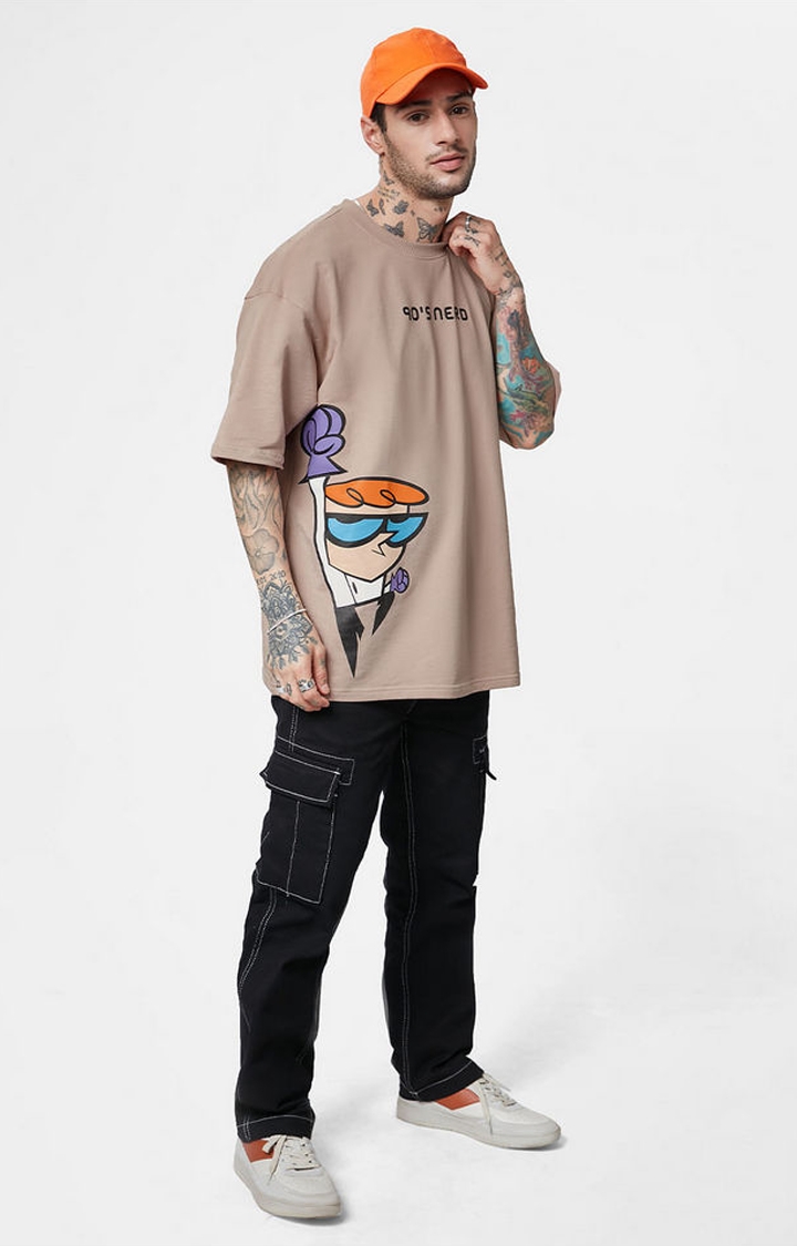 Men's Dexter: 90s Nerd Brown Printed Oversized T-Shirt