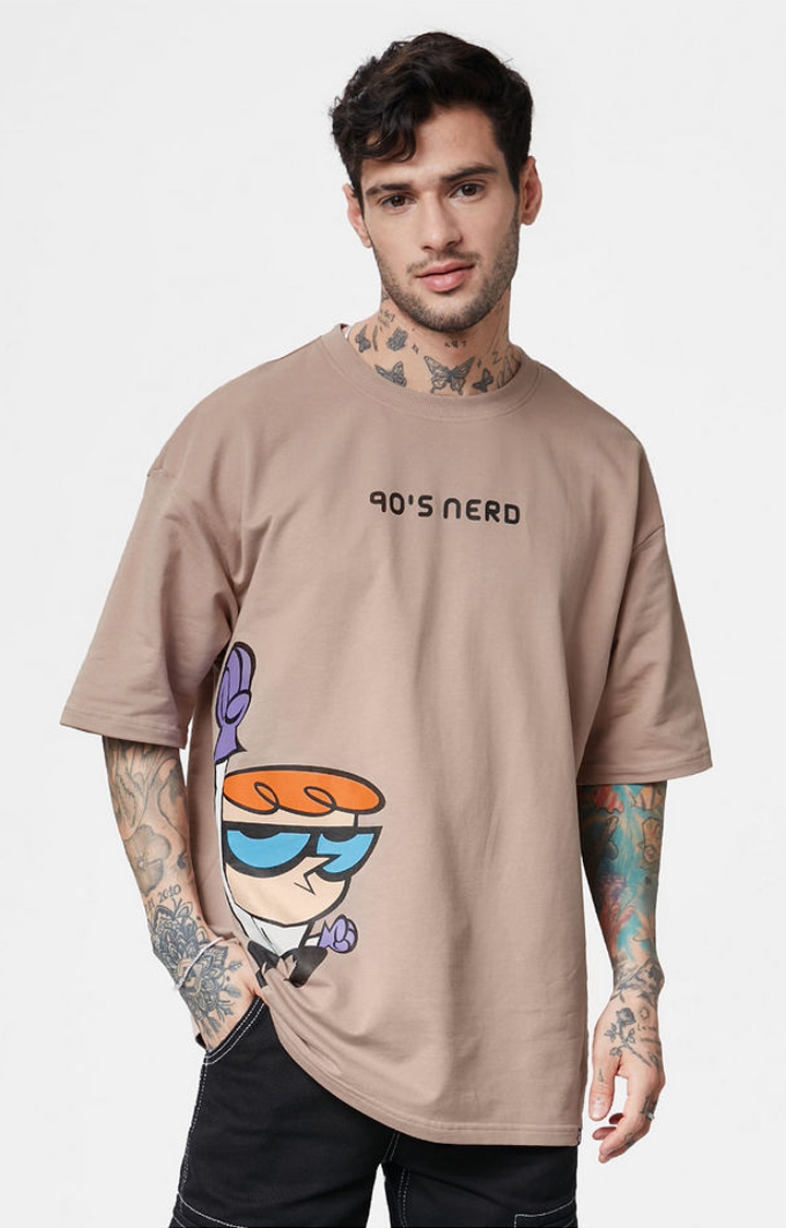 Men's Dexter: 90s Nerd Brown Printed Oversized T-Shirt