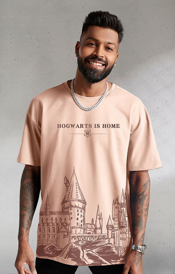 Men's Harry Potter: Hogwarts Is Home Pink Printed Oversized T-Shirt