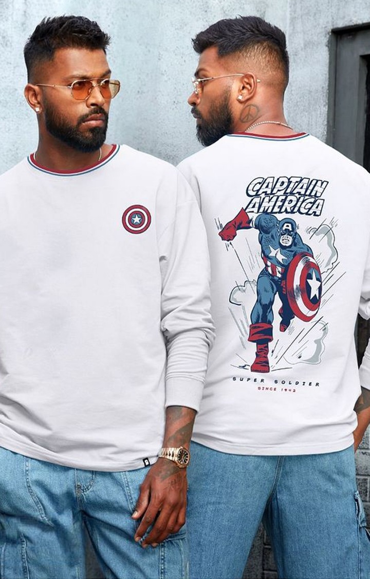 Men s Captain America Comic White Printed Oversized T Shirt