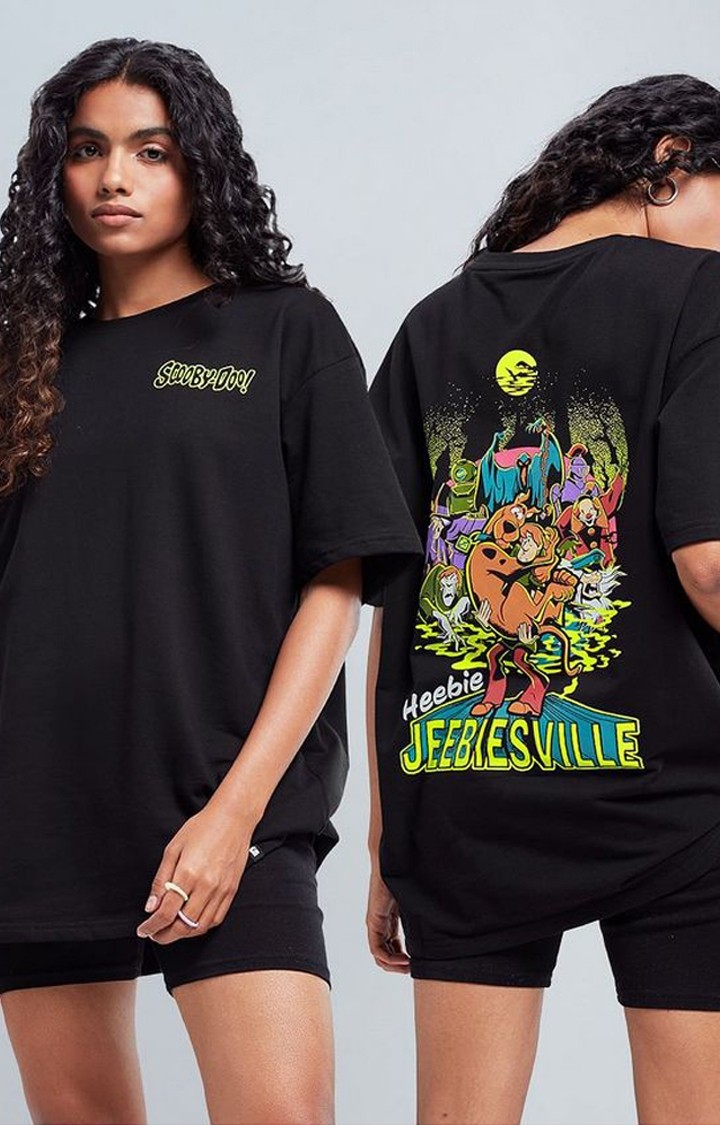 Women's Scooby Doo: Jeebiesville Black Graphic Printed Oversized T-Shirt