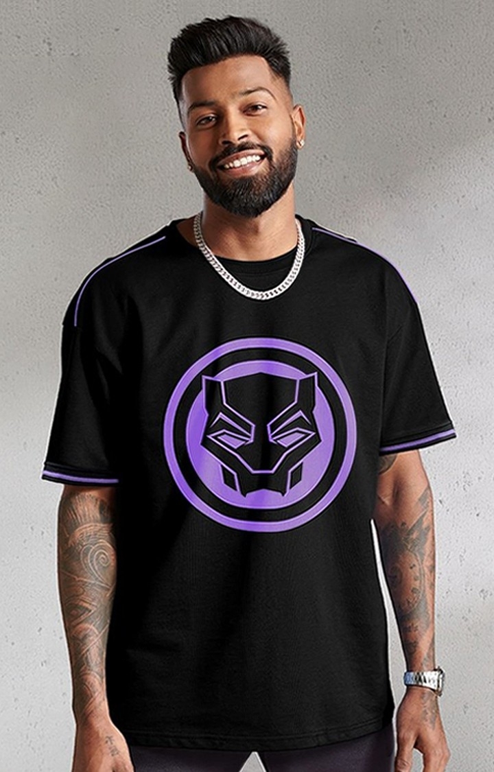 Men's Marvel: Black Panther Logo Black Printed Oversized T-Shirt